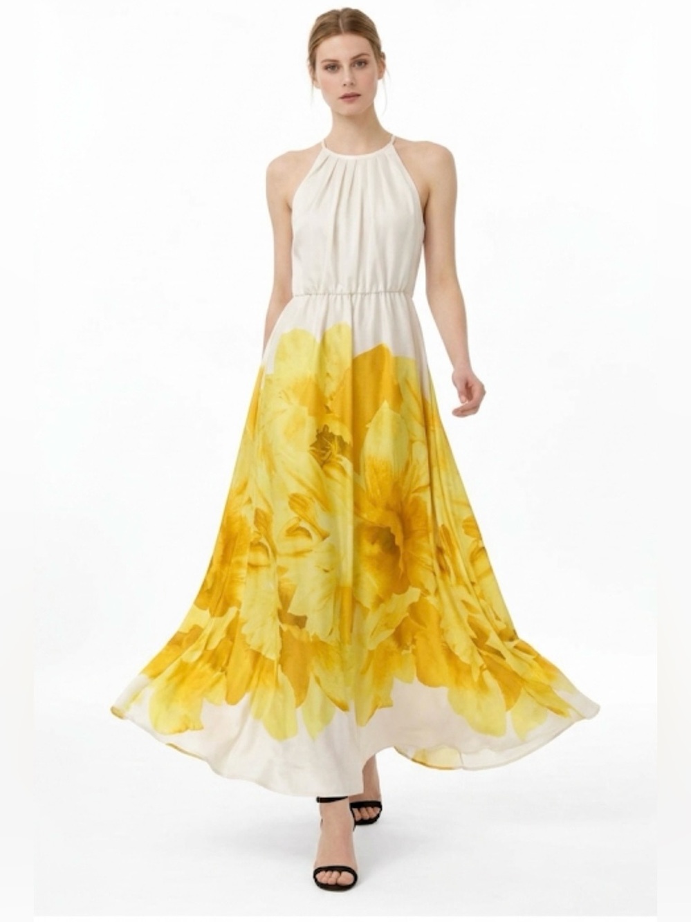 Mango White and Yellow Floral Halter Maxi Dress